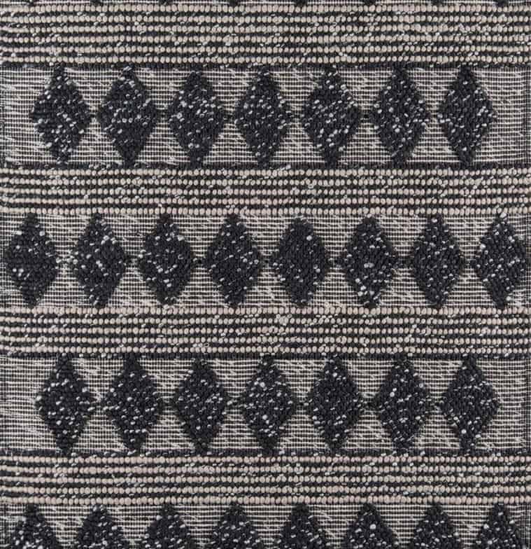 Handwoven black and white geometric area rug for modern home decor.