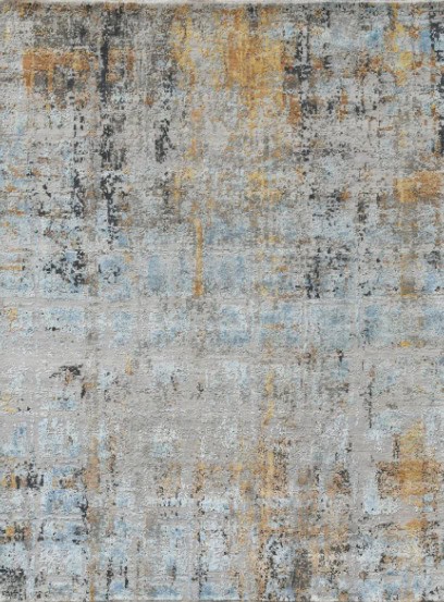 Vibrant abstract area rug with modern design in gray, blue, and tan tones for contemporary home flooring.