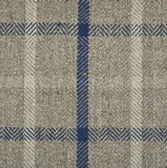 Plush carpet with plaid pattern, taupe and navy blue accents.