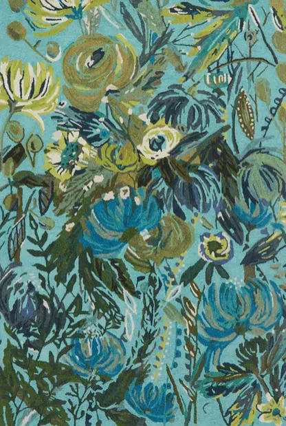 Holly - VVW-03-AG Vibrant floral abstract rug design with blue, green, and yellow accents for stylish home flooring.