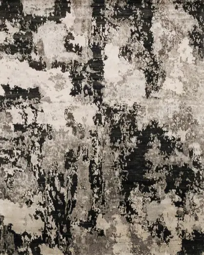 Textured abstract rug with neutral gray, black, and beige tones for modern flooring and decor.