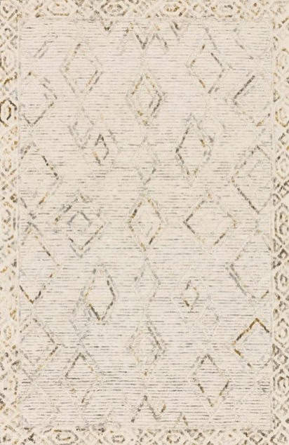 Elegant neutral-toned rug with geometric diamond pattern and intricate border design. Perfect for stylish coastal or modern interiors.