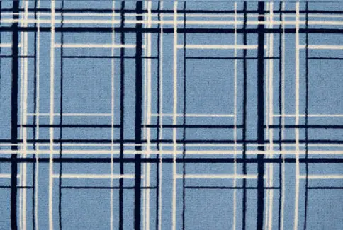 Vast blue plaid carpet with intersecting dark and light lines, ideal for contemporary flooring design.