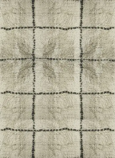 Keoni - ZEM-18 Soft cream shag rug with black grid pattern, ideal for modern living room decor.