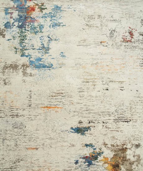 Vibrant abstract area rug with distressed wood pattern in neutral beige tones.
