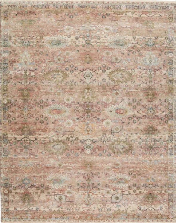 Vintage floral area rug with distressed pastel pink, beige, and light blue tones for elegant home flooring.