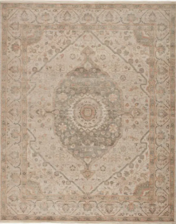 Vintage distressed Persian style area rug with intricate floral patterns for living room decor.