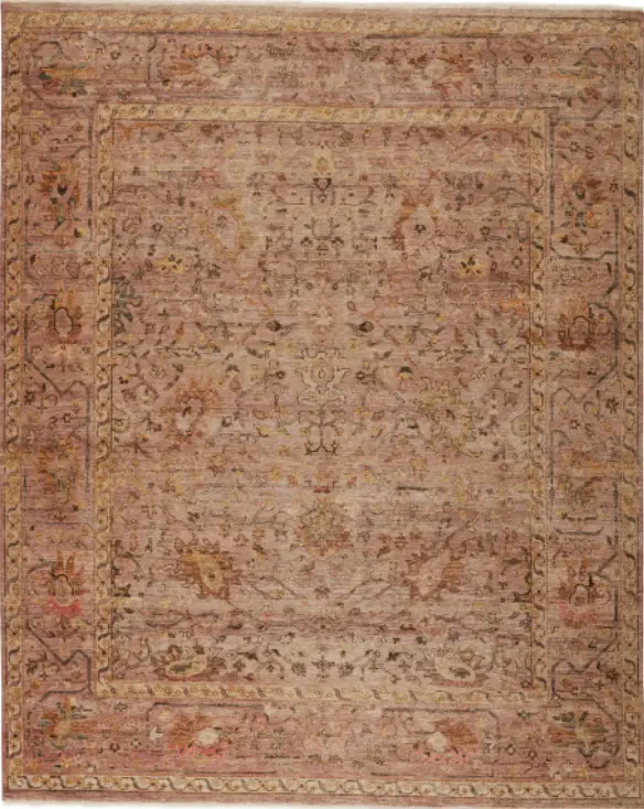 Edko - HISP-ED-02 Worn vintage rug with intricate floral and geometric patterns in muted pink and beige tones.