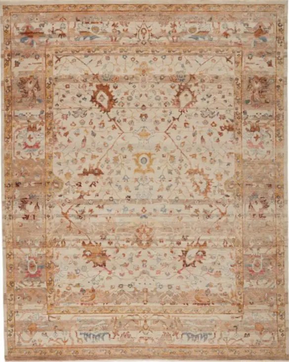 Vintage distressed area rug with intricate floral and geometric patterns in soft neutral tones.