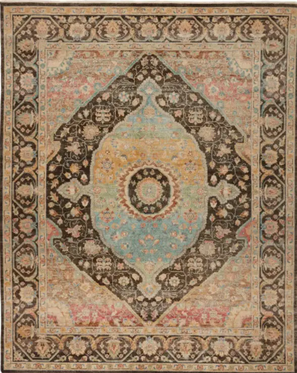 Luxurious traditional area rug with intricate floral patterns and elegant color palette for home decor.