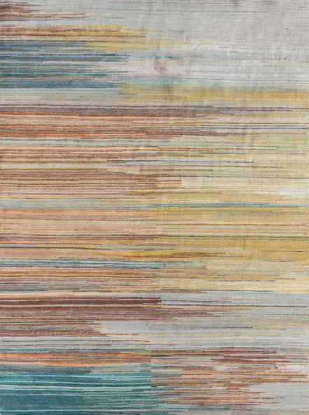 Colorful striped area rug with modern design for home or office flooring.