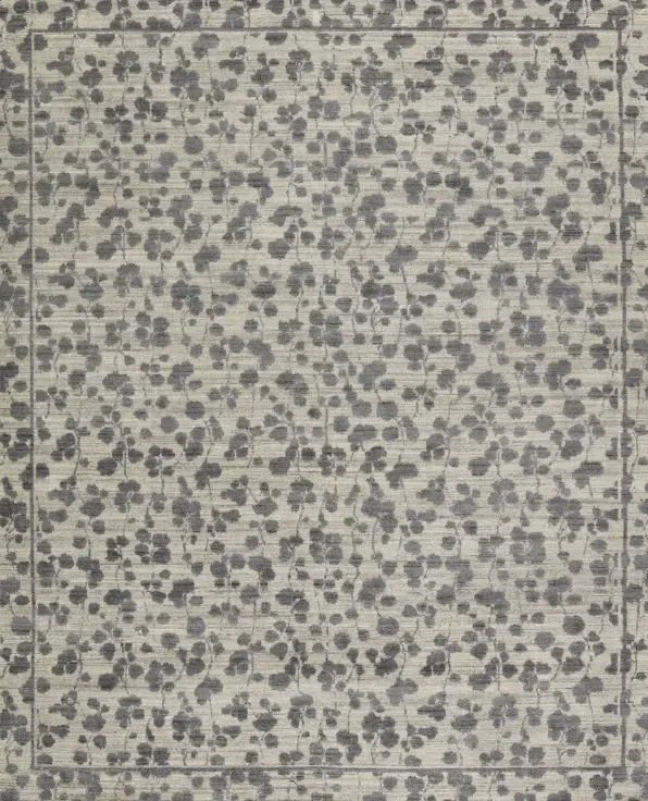 Elegant botanical patterned flooring with grey leaves on a neutral background, ideal for modern interior designs.