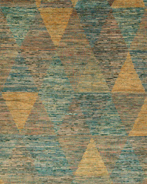Colorful geometric patterned area rug with diamond shapes in blue, gold, and beige tones.