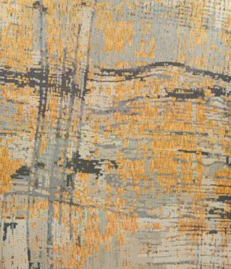 Modern abstract rug with orange, gray, and beige tones, perfect for contemporary flooring.