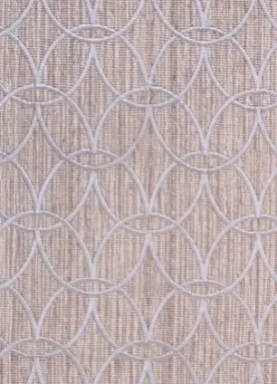 Intricate geometric patterned rug with neutral tones and textured design.