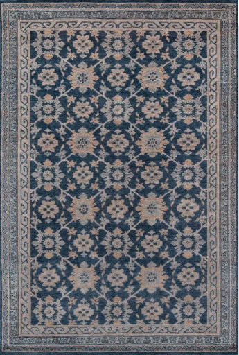 Luxurious navy and beige patterned area rug with floral design.