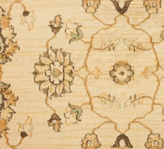 Luxury carpet with traditional floral pattern and neutral earth tones.