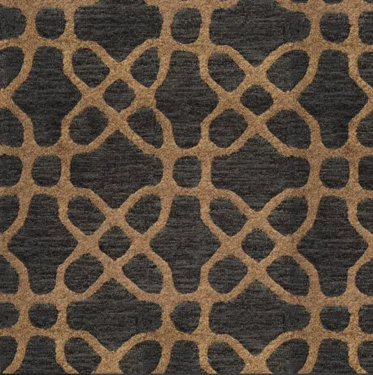 Intricate black and tan geometric patterned carpet for stylish interior flooring solutions.