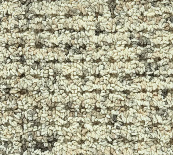 Fluffy beige carpet with textured loop pile for cozy home flooring.