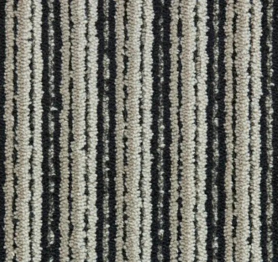 Silvery black striped textured carpet for modern interior flooring solutions.