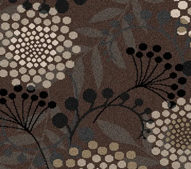 Vibrant floral patterned carpet with earthy tones and textured appearance for home and commercial spaces.