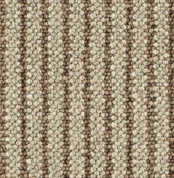 Cream and brown striped carpet with textured fibers for indoor flooring.