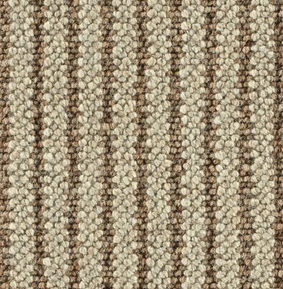 Cream and brown striped carpet with textured fibers for indoor flooring.