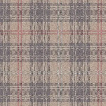 Plaid carpet flooring with beige, red, and gray tones, classic design suitable for high-traffic areas.