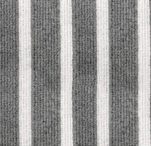 Striped gray and white carpet flooring with textured pattern, perfect for residential and commercial spaces.