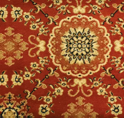 Intricate red, gold, and black patterned area rug with floral and geometric motifs.