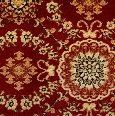 Intricate red and beige traditional patterned area rug with floral motifs and ornate design.
