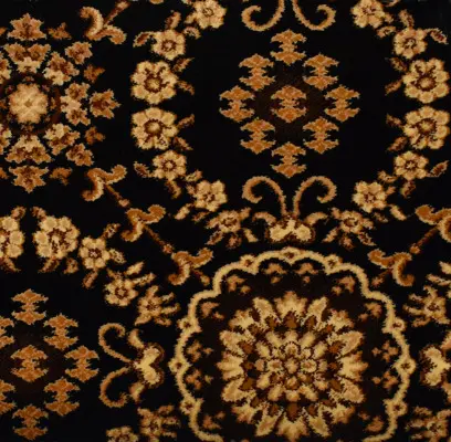 Intricate black and gold patterned area rug for luxury floor décor.