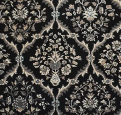 Intricate black and beige floral area rug with luxurious, detailed patterns.