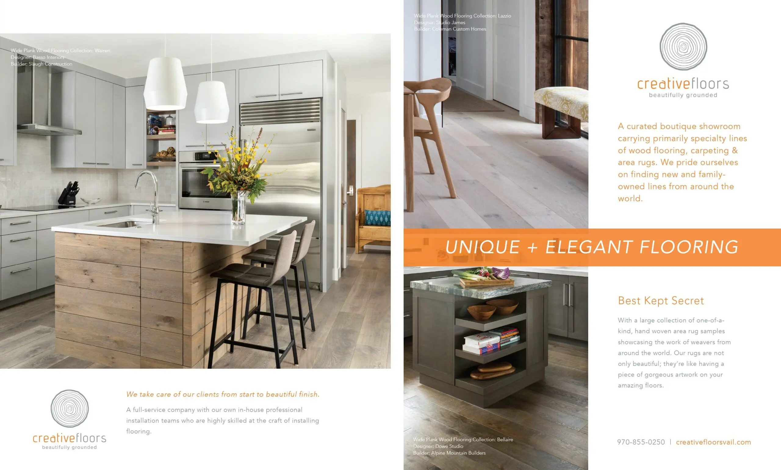 Wide plank wood flooring in modern kitchen and living space, custom-designed by creative floors.