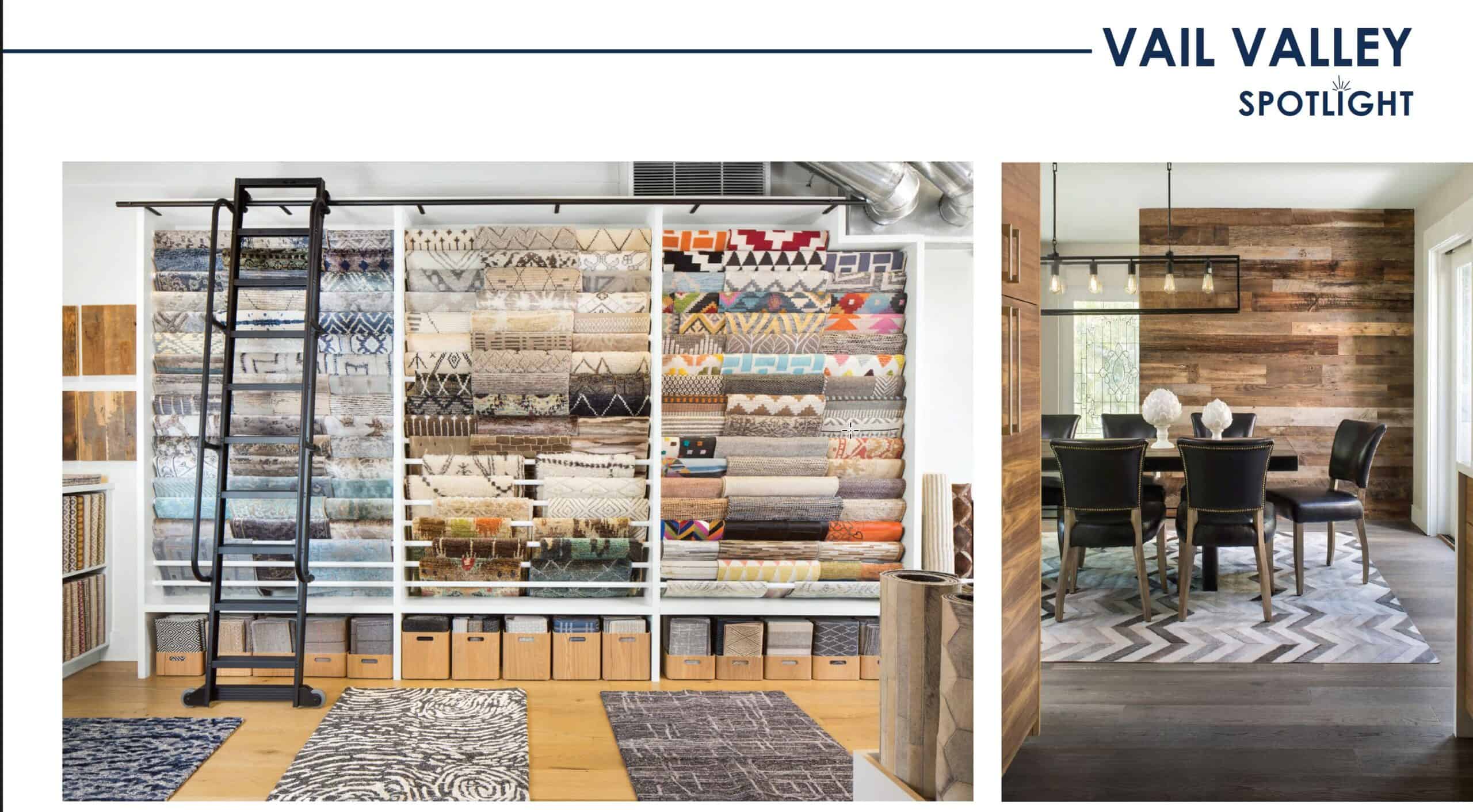 Rich, colorful carpet samples display at Creative Floors Vail Valley showroom.