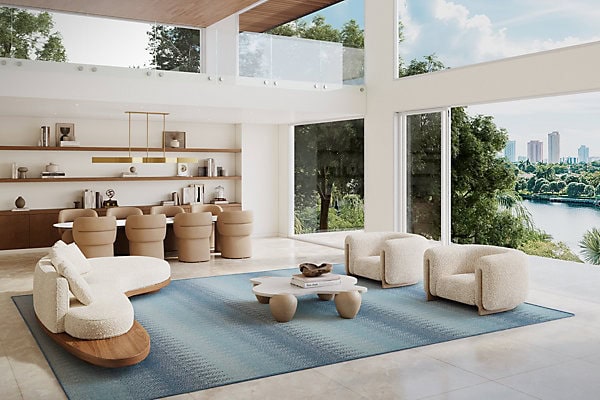 Cream and beige modern living room with large windows showcasing a city view, featuring stylish contemporary flooring.