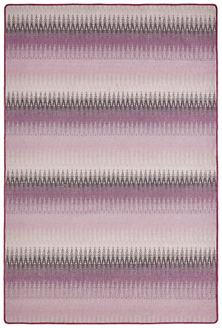 Vibrant pink and gray patterned area rug with geometric design.