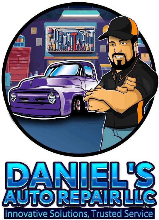 Cartoon mechanic with crossed arms in auto repair shop with classic car.