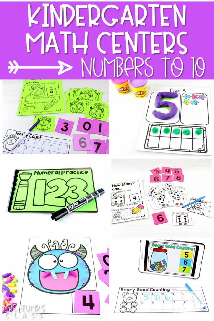 21 Kindergarten math centers to practice numbers to 10. Digital, black & white, and color options that match up to the Common Core Standards. #kindergartenmathcenters #numbersto10 #mathstations