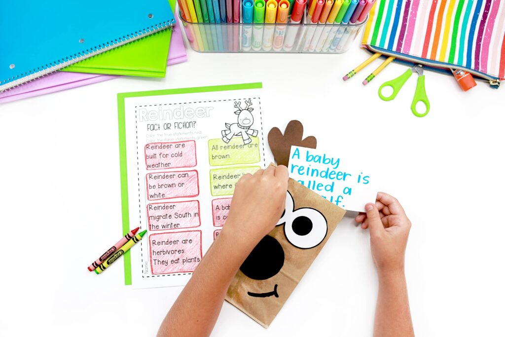 Reindeer fact or fiction worksheet with a paper bag craft