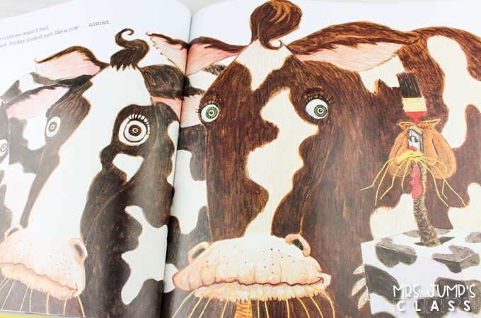 A two-page spread from Turkey Trouble book where the turkey is dressed up like a cow
