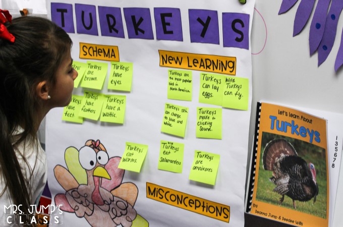 A student looks at the post-it notes on a turkey schema anchor chart