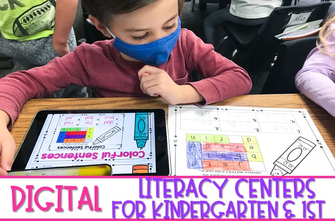 Digital literacy centers for kindergarten and 1st grade to practice ELA skills. Students practice word families, blends, rhyming, syllables, digraphs, vowel sounds, and more!&nbsp;