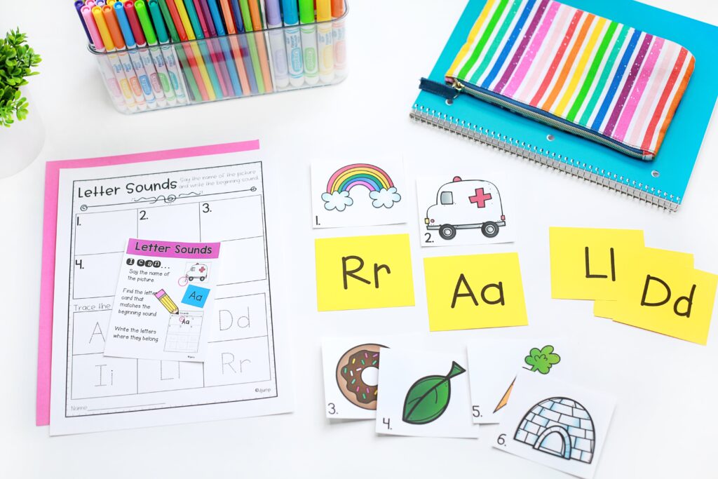 A letter sounds center with task cards and recording sheet