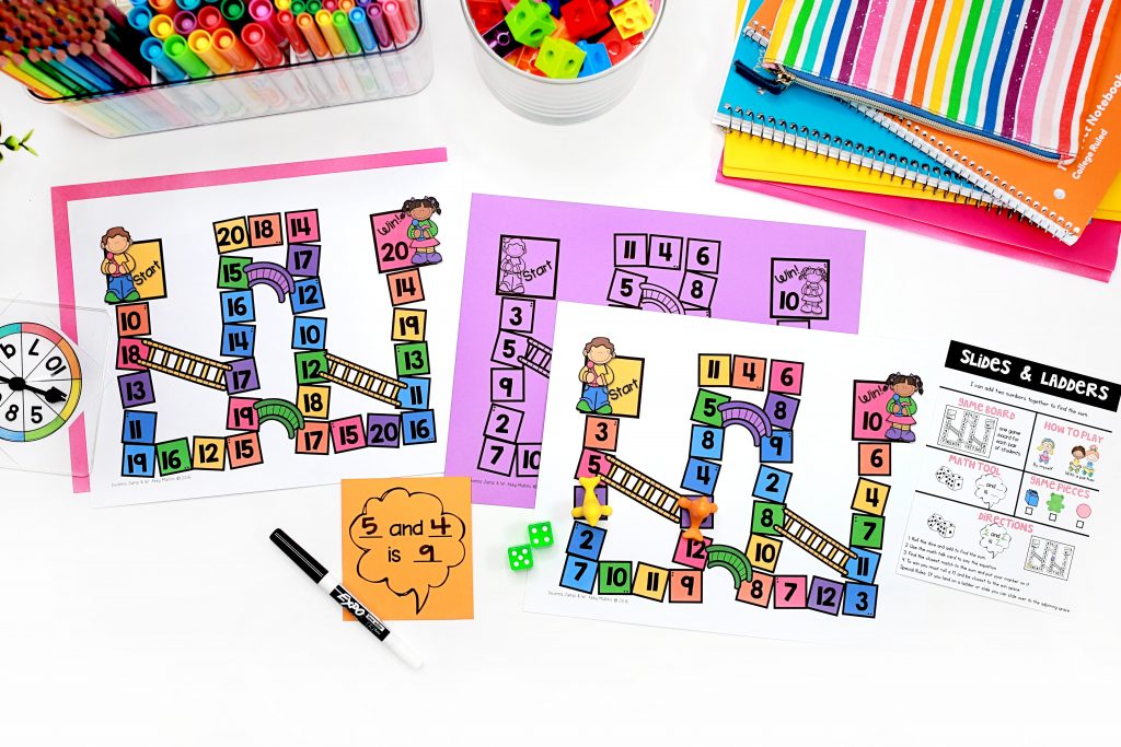 Slides and Ladders game mats, spinner, and dice