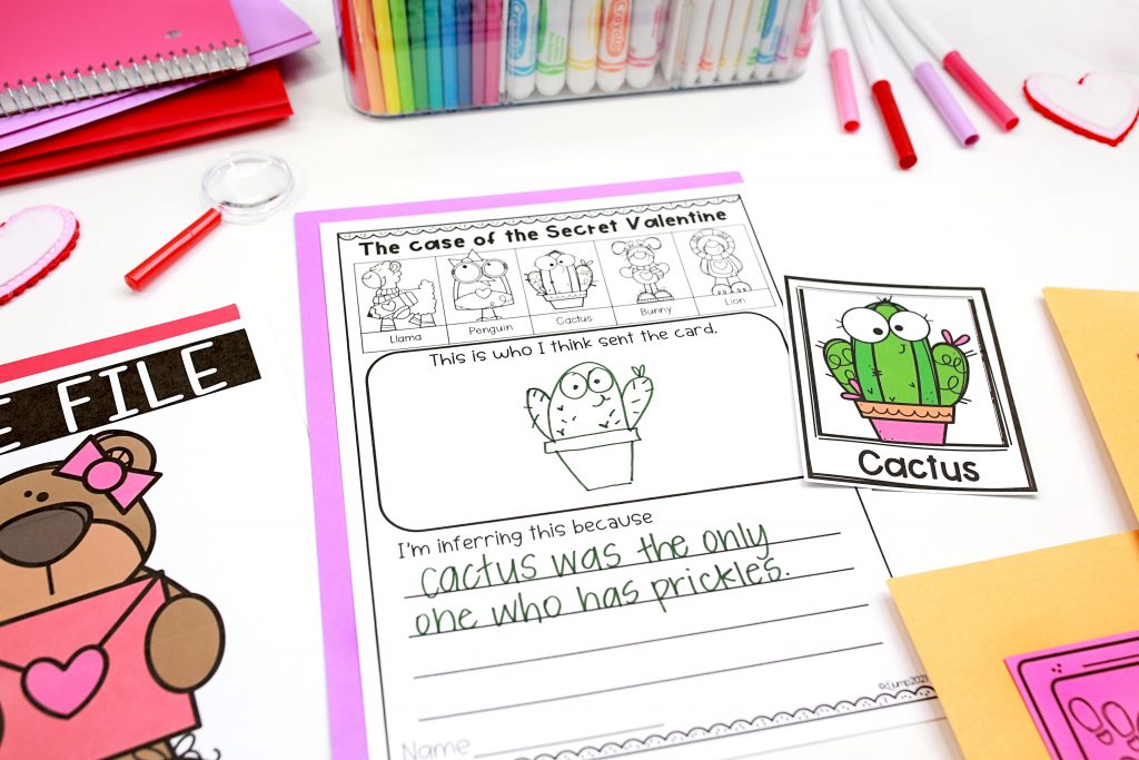 A completed inference worksheet with the cactus suspect picture card