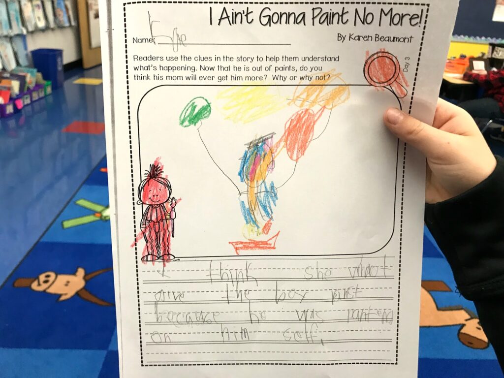 A student-completed worksheet with an inference and illustration