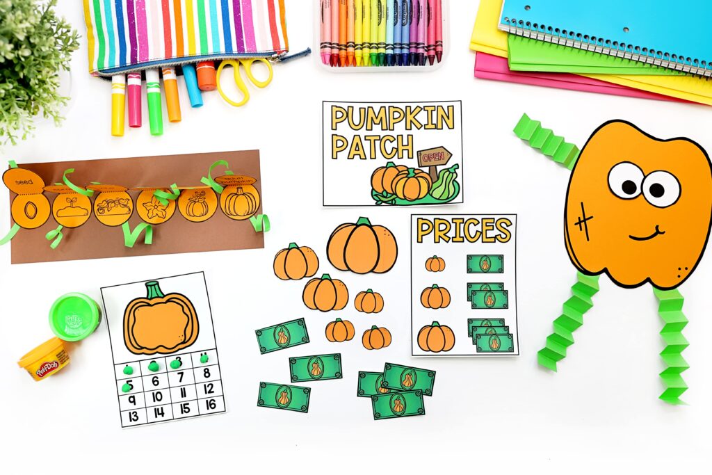 A variety of pumpkin crafts and a pumpkin patch activity