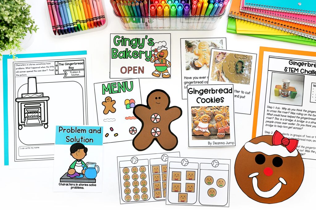 A variety of printables for a preschool gingerbread unit