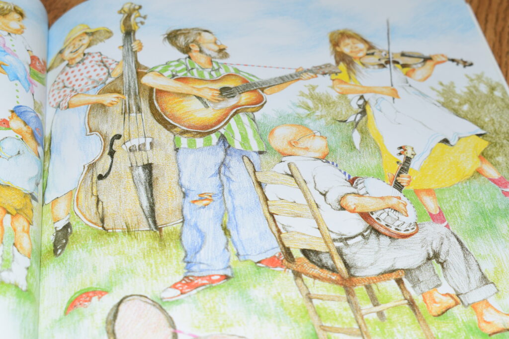 An illustration of people playing musical instruments